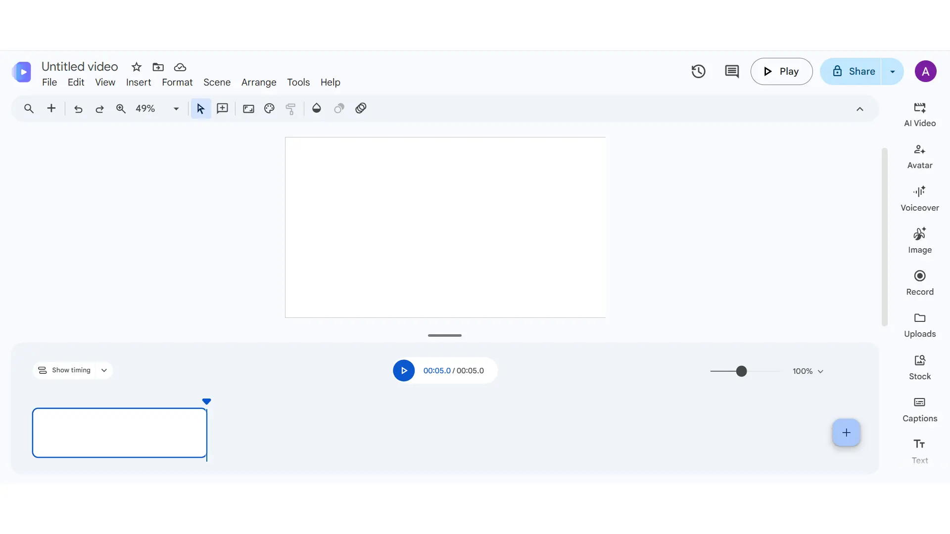 نمای کلی از رابط کاربری و پنل ادیتور ابزار Google Vids شامل تایملاین، بوم ساخت ویدیو و منوی ابزارهای هوش مصنوعی